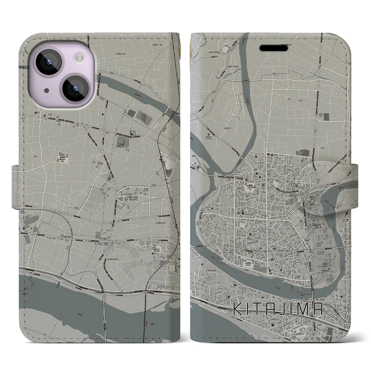 【北島(徳島県)】地図柄iPhoneケース(手帳タイプ)モノトーン・iPhone 14 用