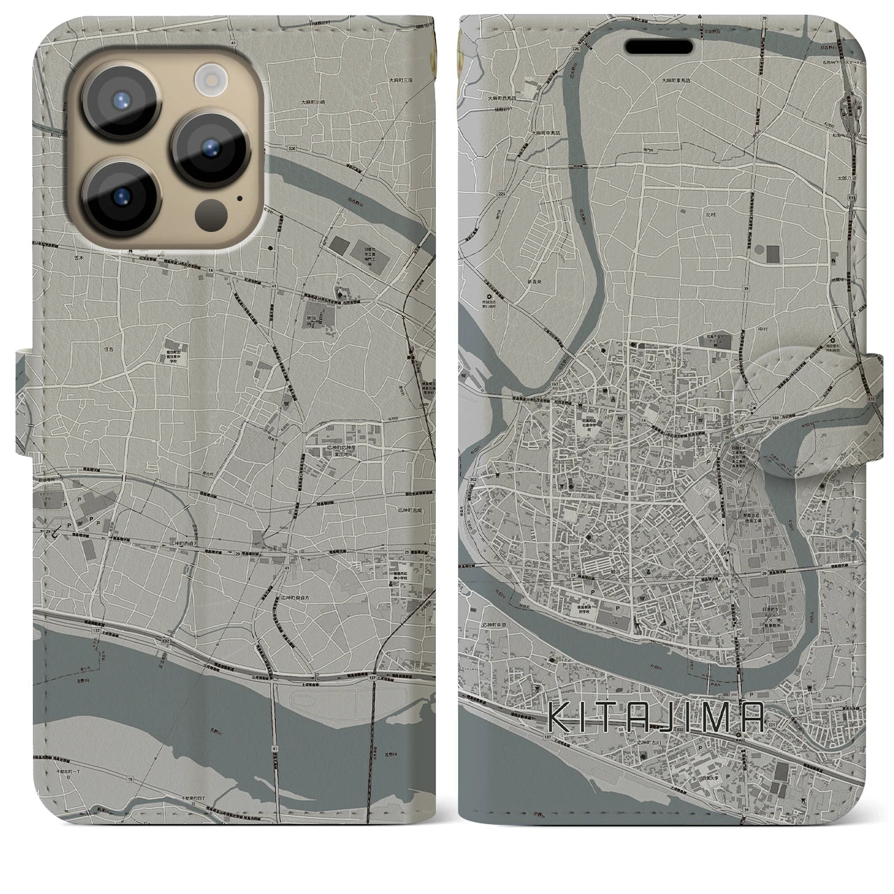 【北島(徳島県)】地図柄iPhoneケース(手帳タイプ)モノトーン・iPhone 14 Pro Max 用