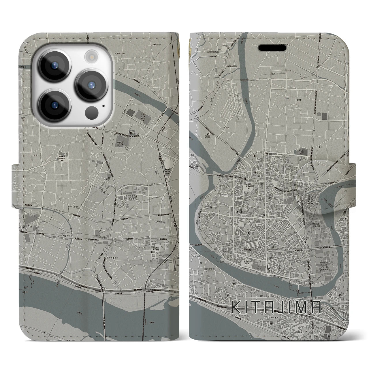 【北島(徳島県)】地図柄iPhoneケース(手帳タイプ)モノトーン・iPhone 14 Pro 用