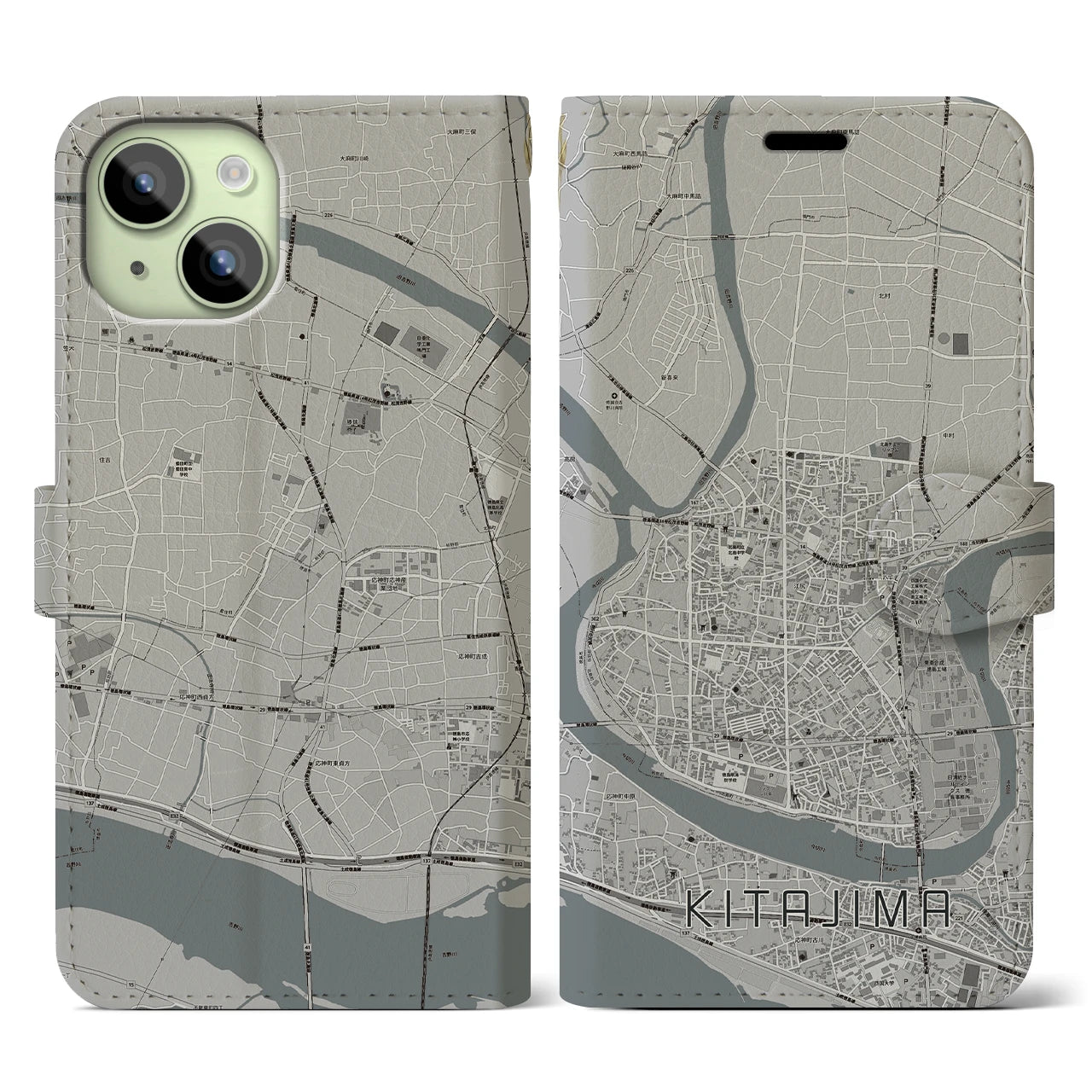 【北島(徳島県)】地図柄iPhoneケース(手帳タイプ)モノトーン・iPhone 15 用
