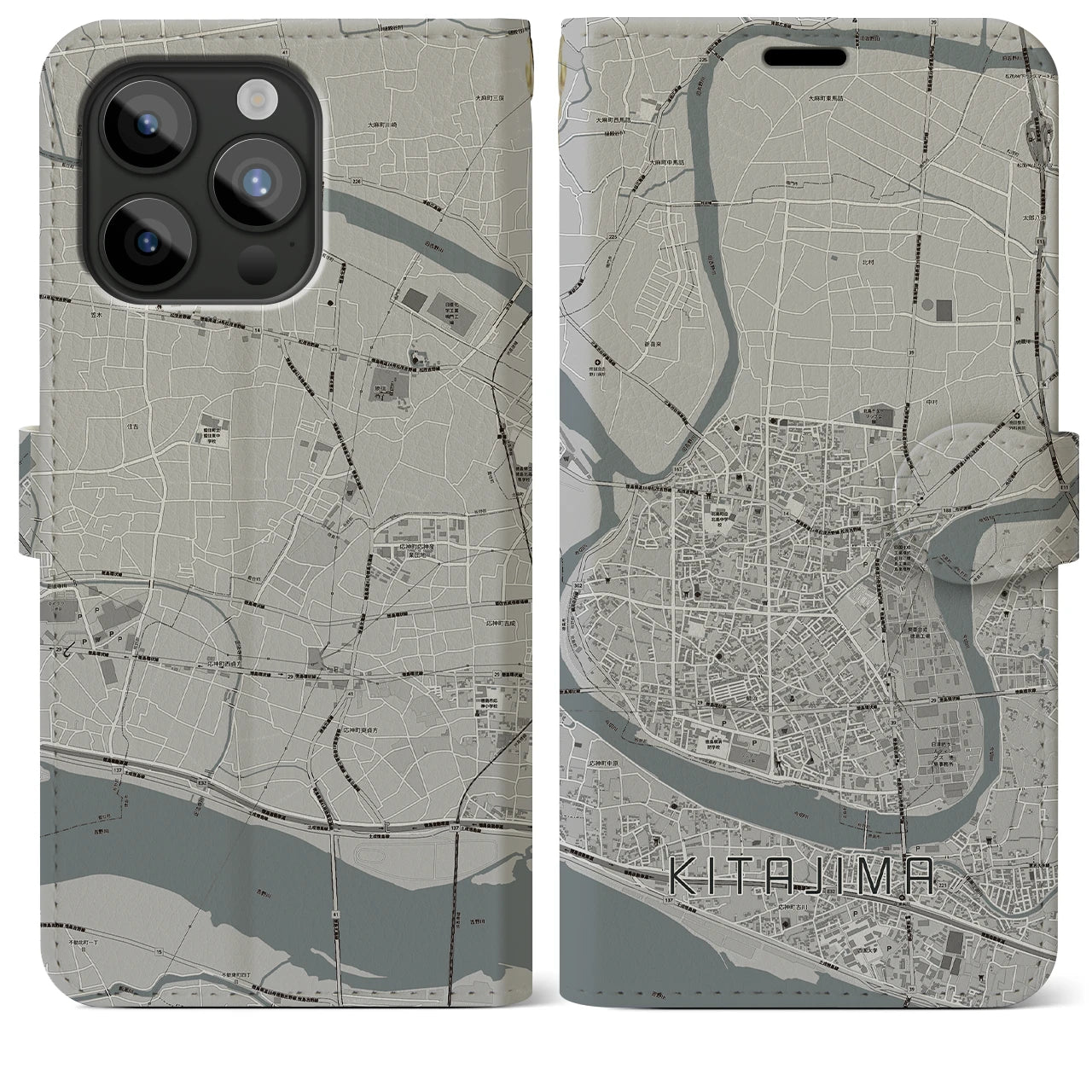 【北島(徳島県)】地図柄iPhoneケース(手帳タイプ)モノトーン・iPhone 15 Pro Max 用