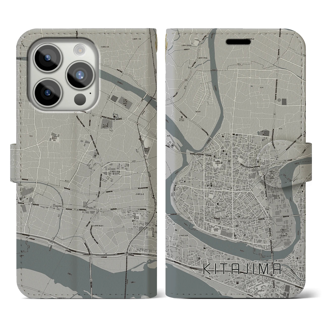 【北島(徳島県)】地図柄iPhoneケース(手帳タイプ)モノトーン・iPhone 15 Pro 用