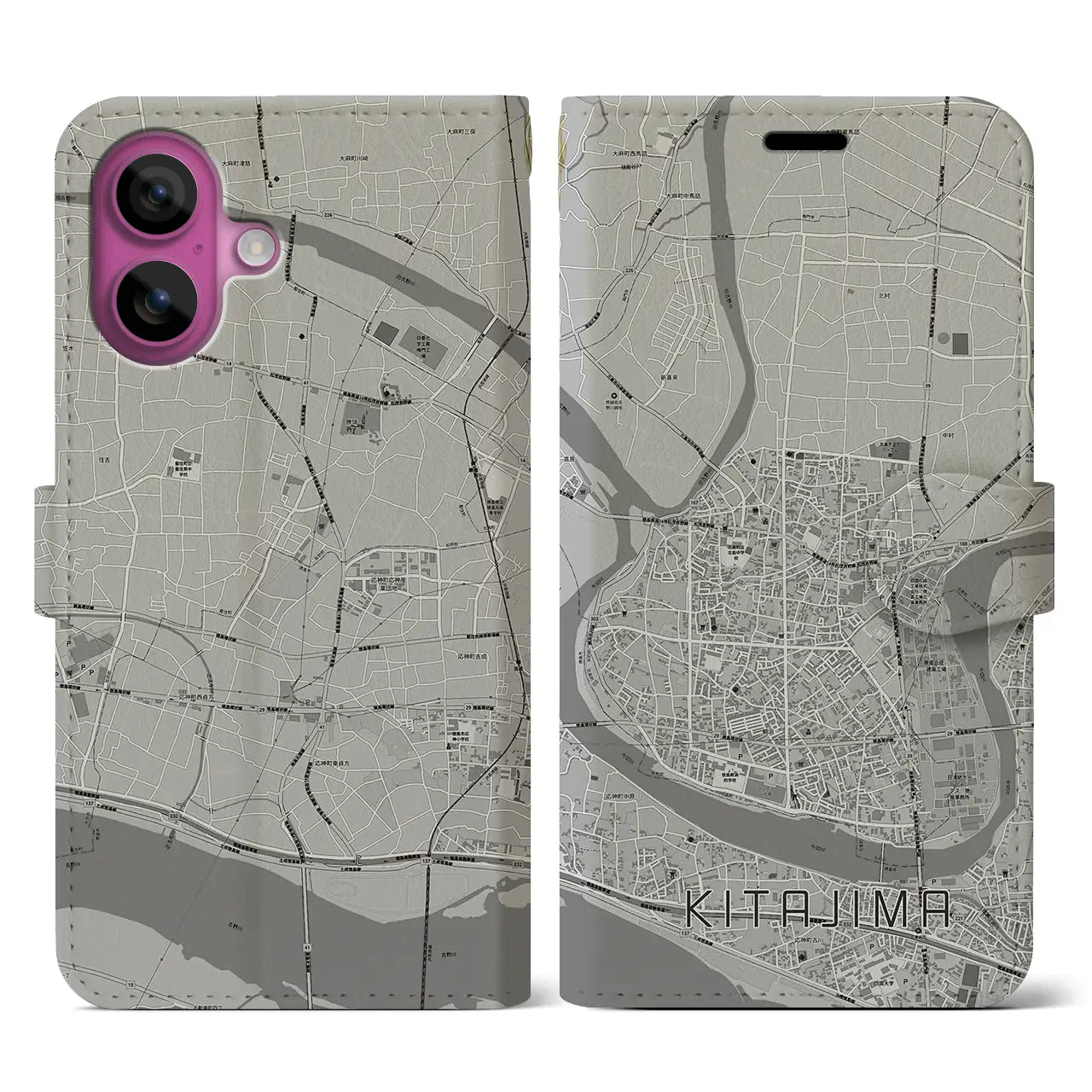 【北島(徳島県)】地図柄iPhoneケース(手帳タイプ)モノトーン・iPhone 16 Pro 用