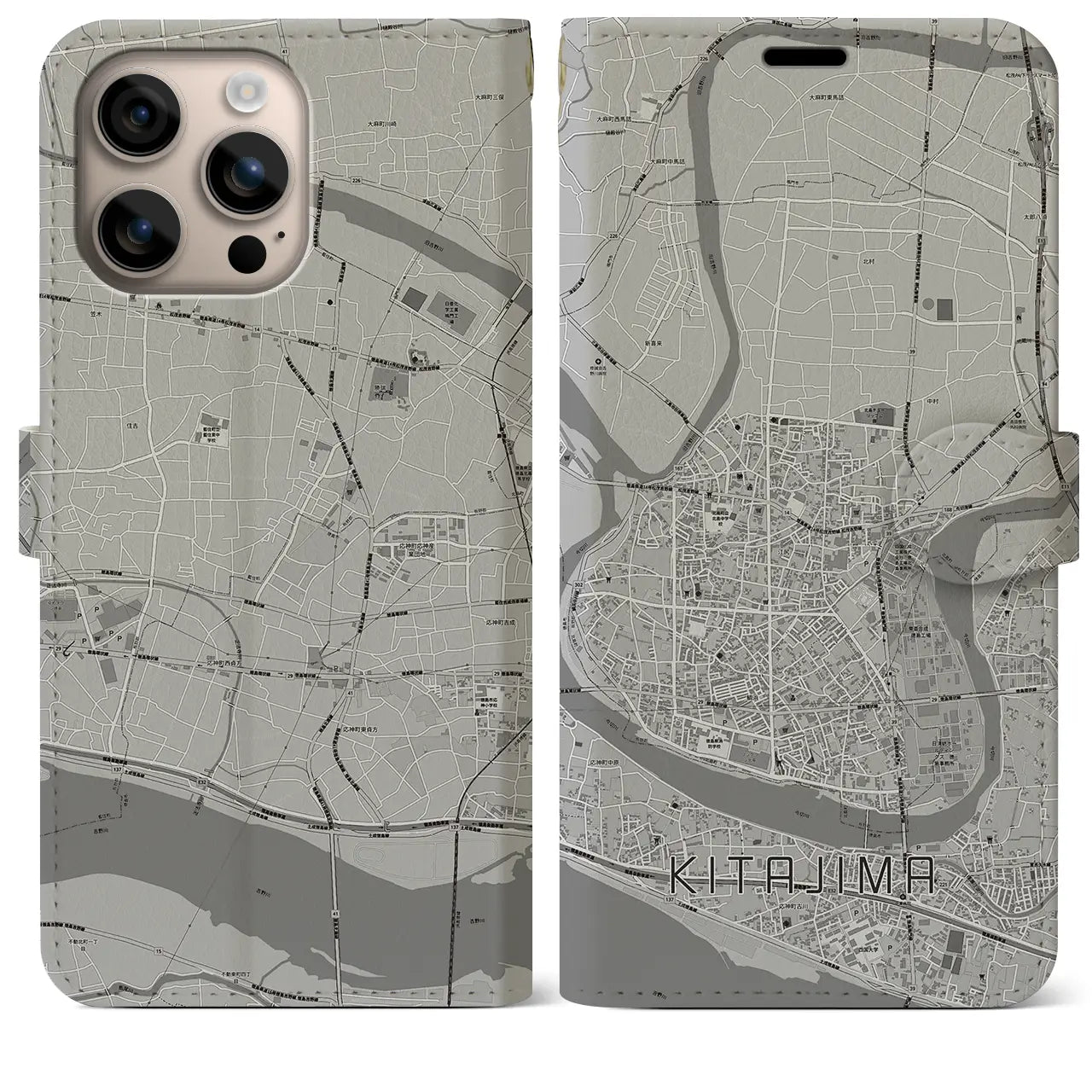 【北島(徳島県)】地図柄iPhoneケース(手帳タイプ)モノトーン・iPhone 16 Plus 用