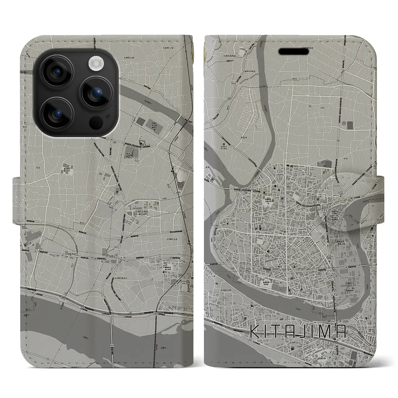【北島(徳島県)】地図柄iPhoneケース(手帳タイプ)モノトーン・iPhone 16 用