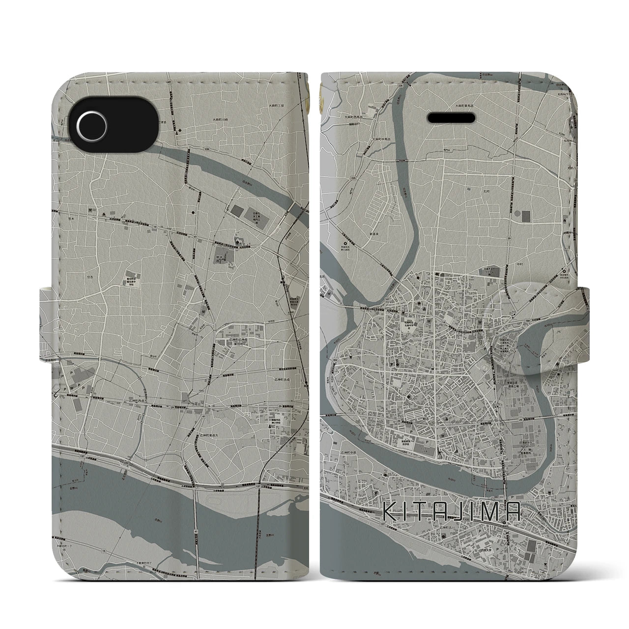 【北島(徳島県)】地図柄iPhoneケース(手帳タイプ)モノトーン・iPhone SE(第3 / 第2世代) / 8 / 7 / 6s / 6 用