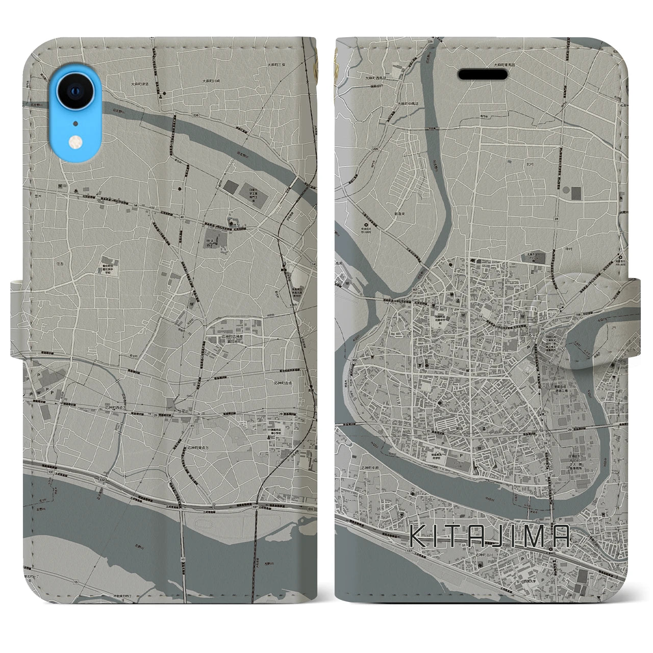 【北島(徳島県)】地図柄iPhoneケース(手帳タイプ)モノトーン・iPhone XR 用