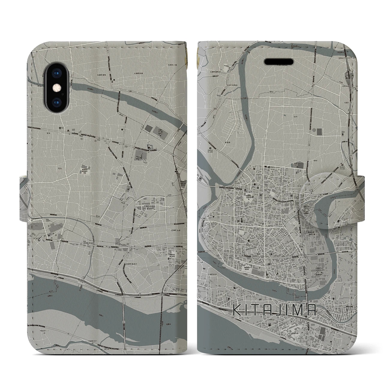【北島(徳島県)】地図柄iPhoneケース(手帳タイプ)モノトーン・iPhone XS / X 用