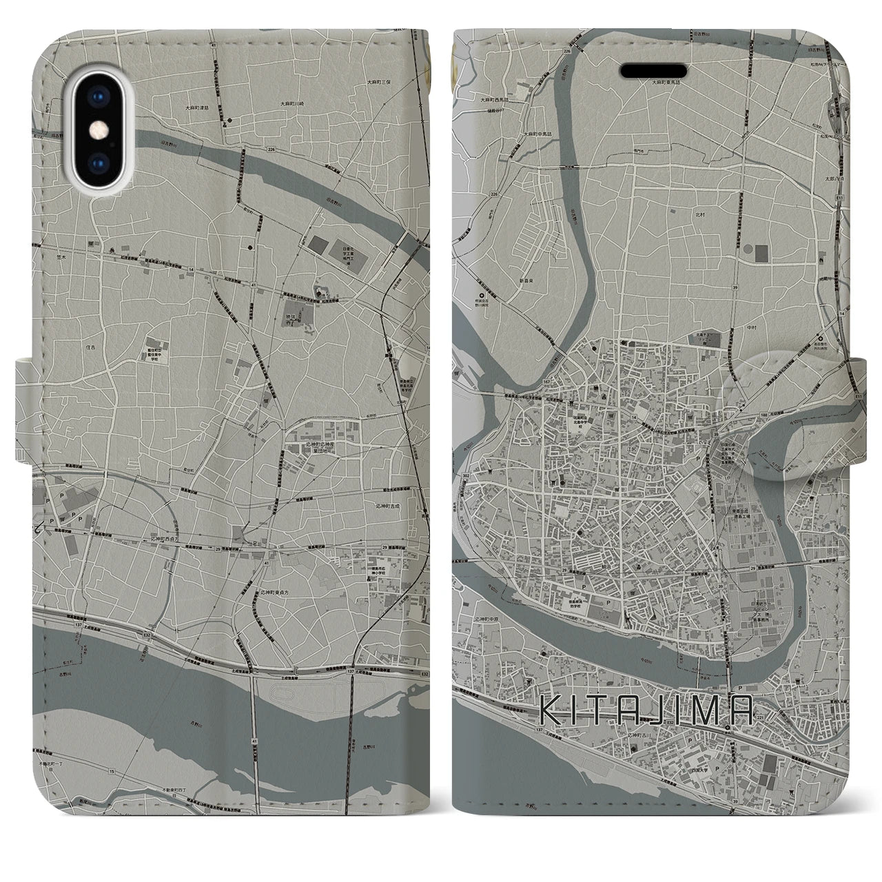 【北島(徳島県)】地図柄iPhoneケース(手帳タイプ)モノトーン・iPhone XS Max 用
