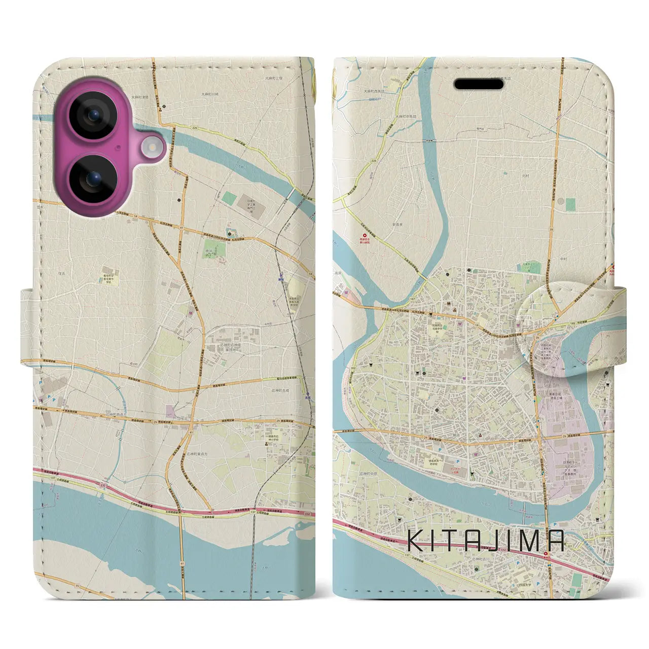 【北島(徳島県)】地図柄iPhoneケース(手帳タイプ)ナチュラル・iPhone 16 Pro 用