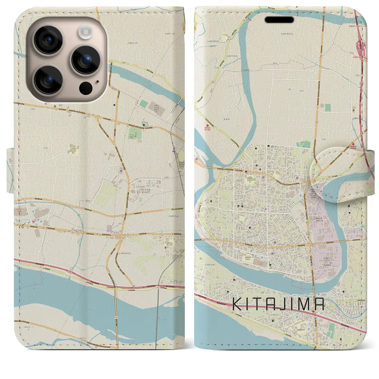 【北島(徳島県)】地図柄iPhoneケース(手帳タイプ)ナチュラル・iPhone 16 Plus 用