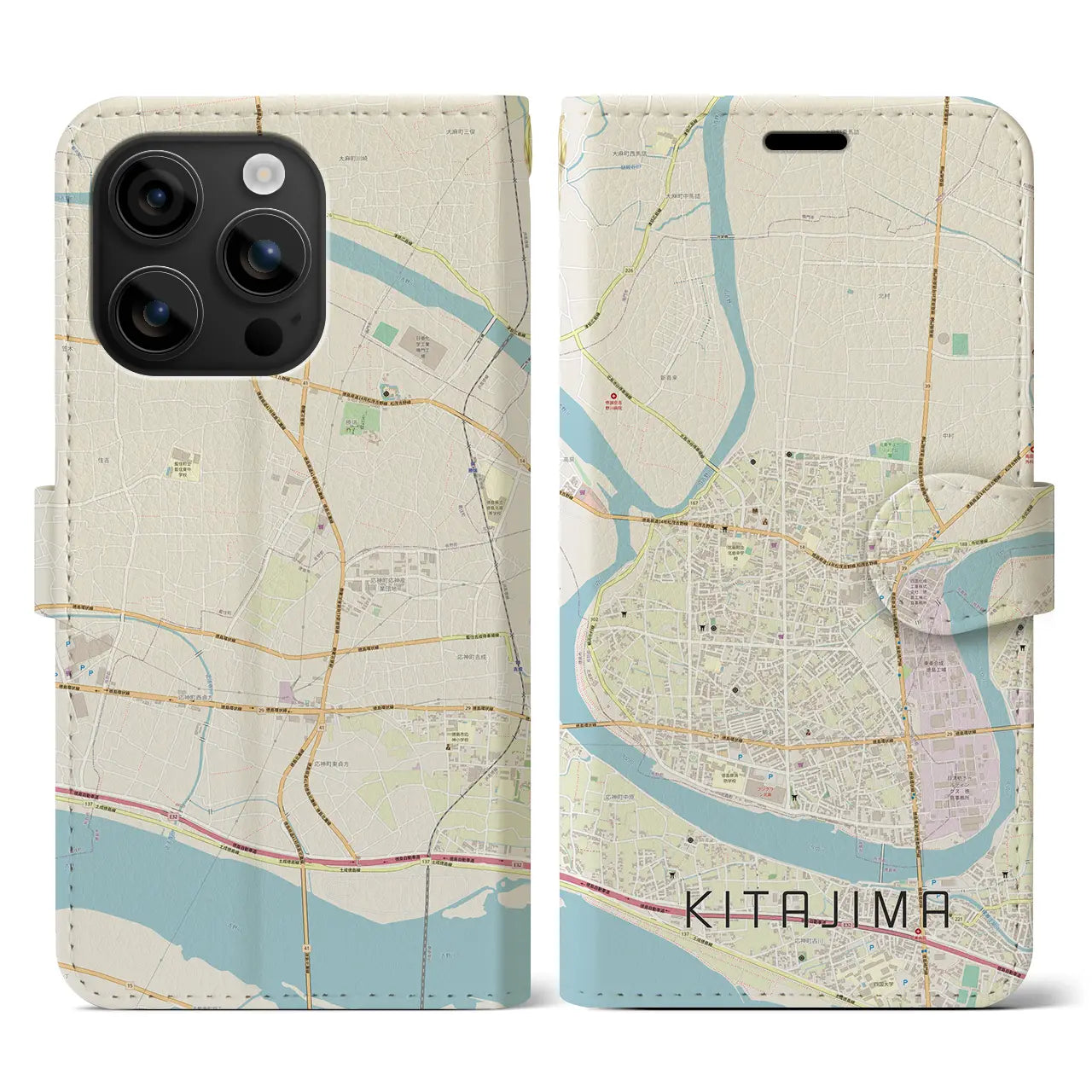 【北島(徳島県)】地図柄iPhoneケース(手帳タイプ)ナチュラル・iPhone 16 用