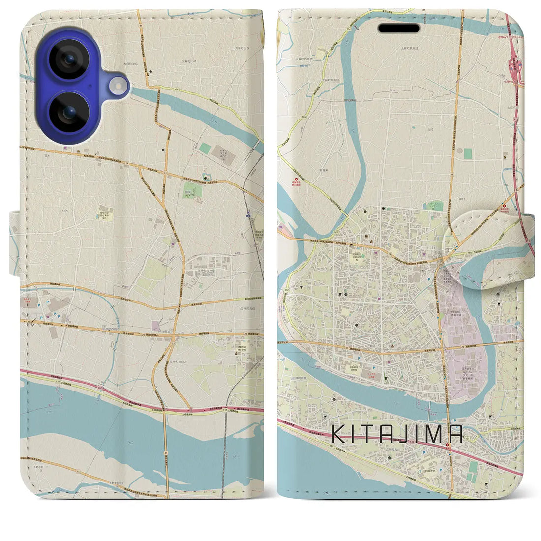 【北島(徳島県)】地図柄iPhoneケース(手帳タイプ)ナチュラル・iPhone 16 Pro Max 用