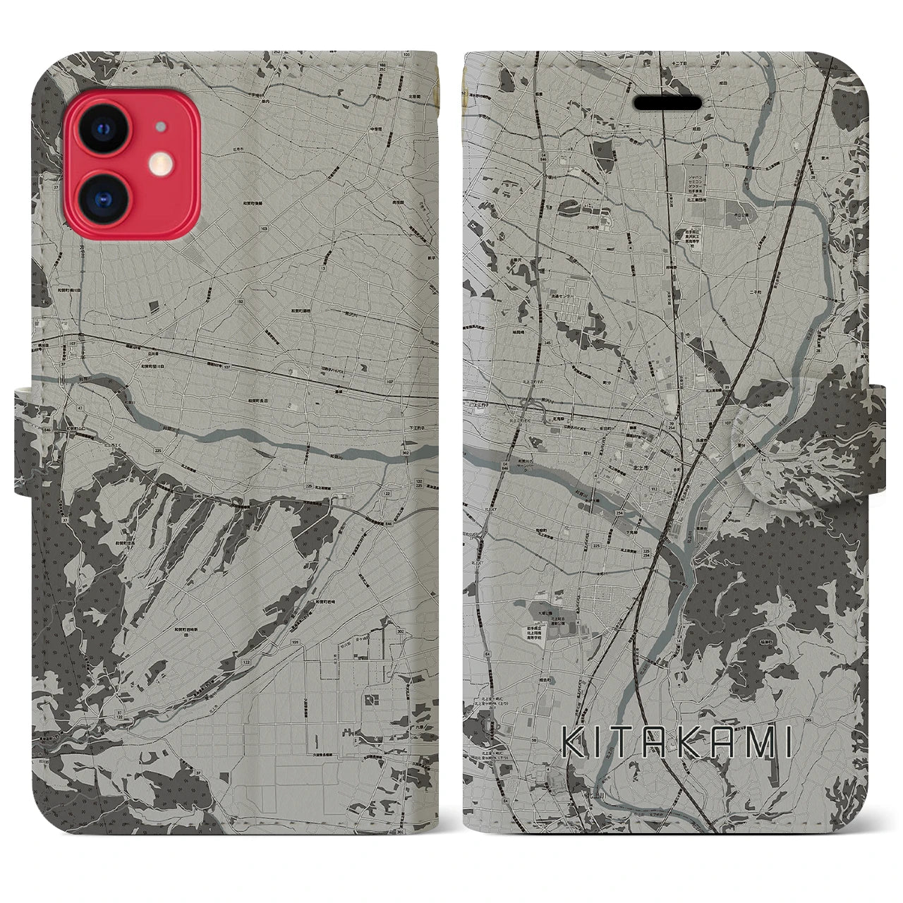 【北上(岩手県)】地図柄iPhoneケース(手帳タイプ)モノトーン・iPhone 11 用