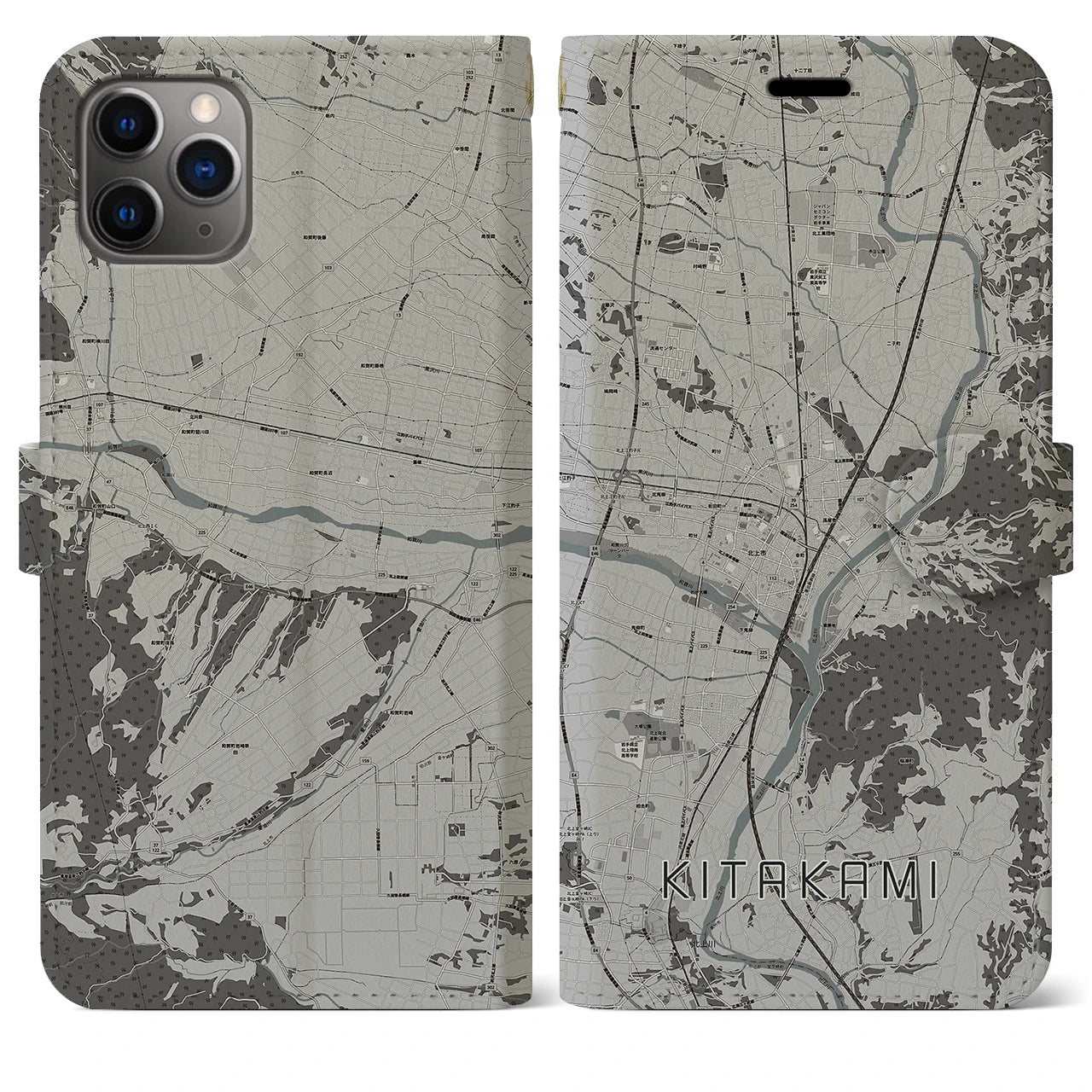 【北上(岩手県)】地図柄iPhoneケース(手帳タイプ)モノトーン・iPhone 11 Pro Max 用