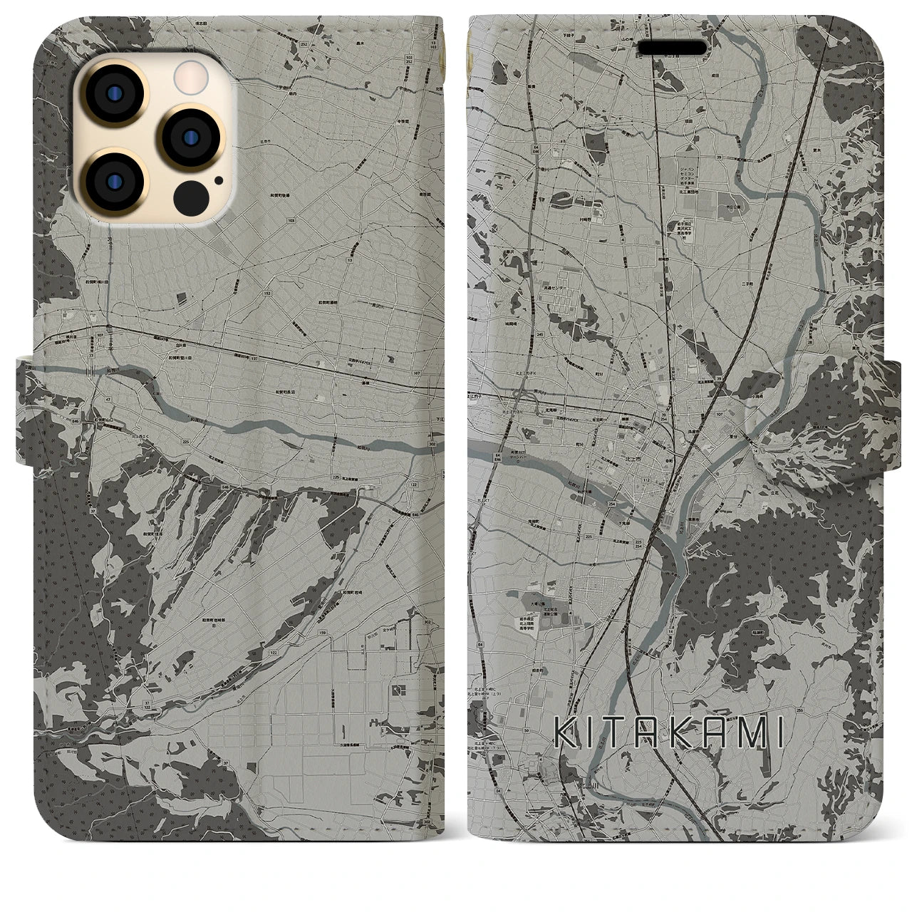 【北上(岩手県)】地図柄iPhoneケース(手帳タイプ)モノトーン・iPhone 12 Pro Max 用