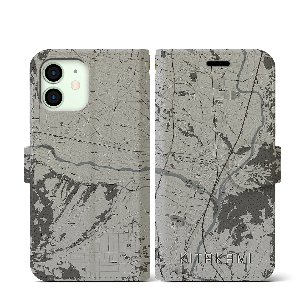 【北上(岩手県)】地図柄iPhoneケース(手帳タイプ)モノトーン・iPhone 12 mini 用