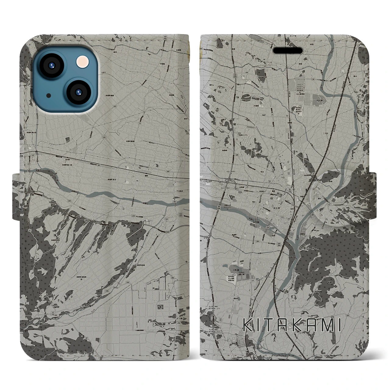 【北上(岩手県)】地図柄iPhoneケース(手帳タイプ)モノトーン・iPhone 13 用