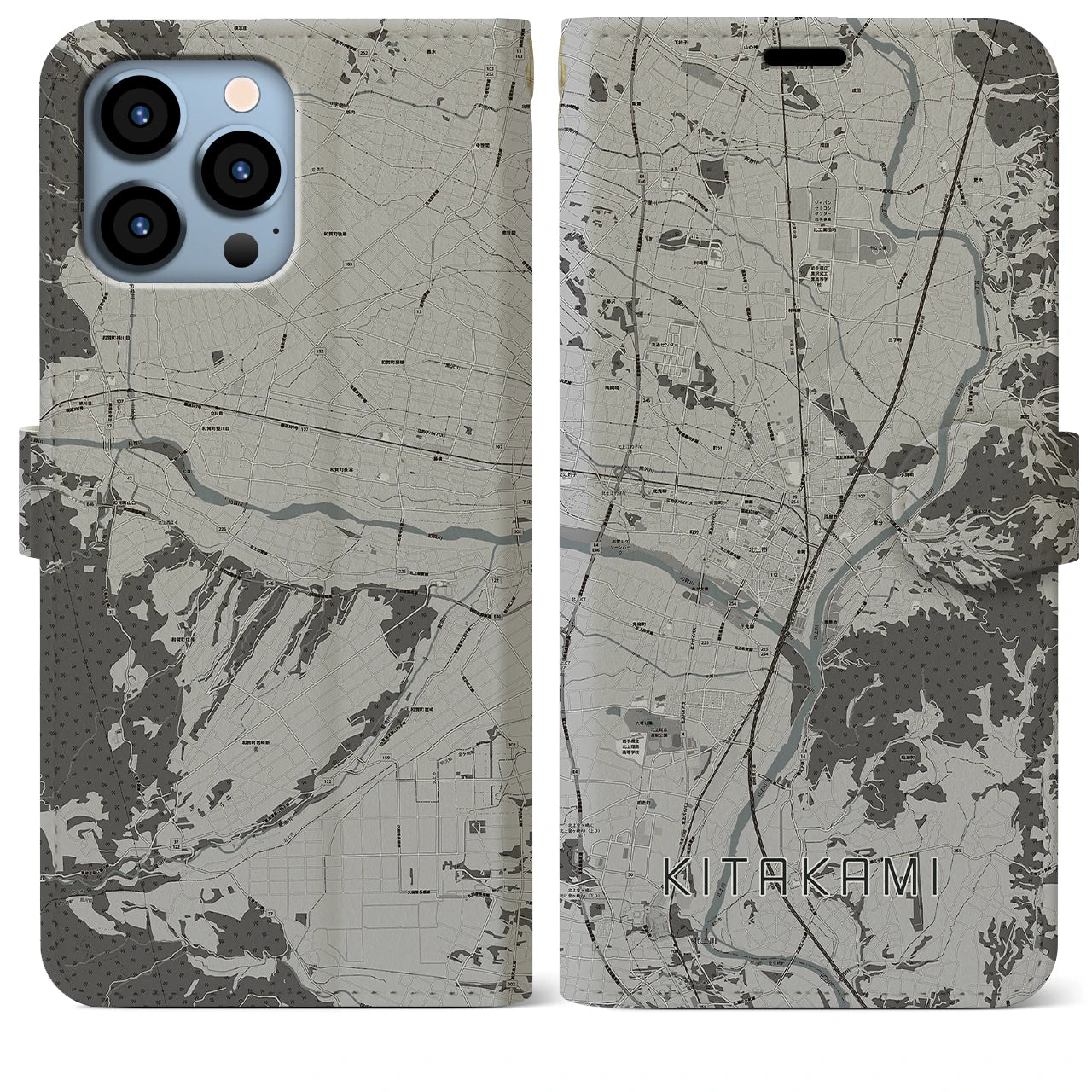 【北上(岩手県)】地図柄iPhoneケース(手帳タイプ)モノトーン・iPhone 13 Pro Max 用