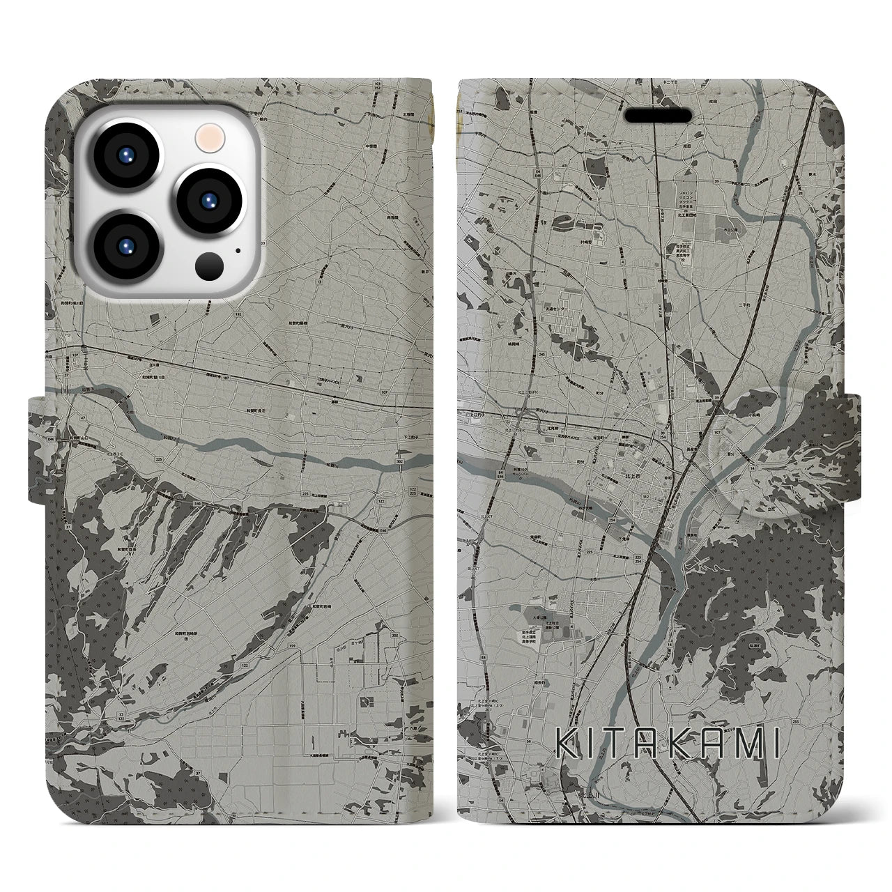 【北上(岩手県)】地図柄iPhoneケース(手帳タイプ)モノトーン・iPhone 13 Pro 用