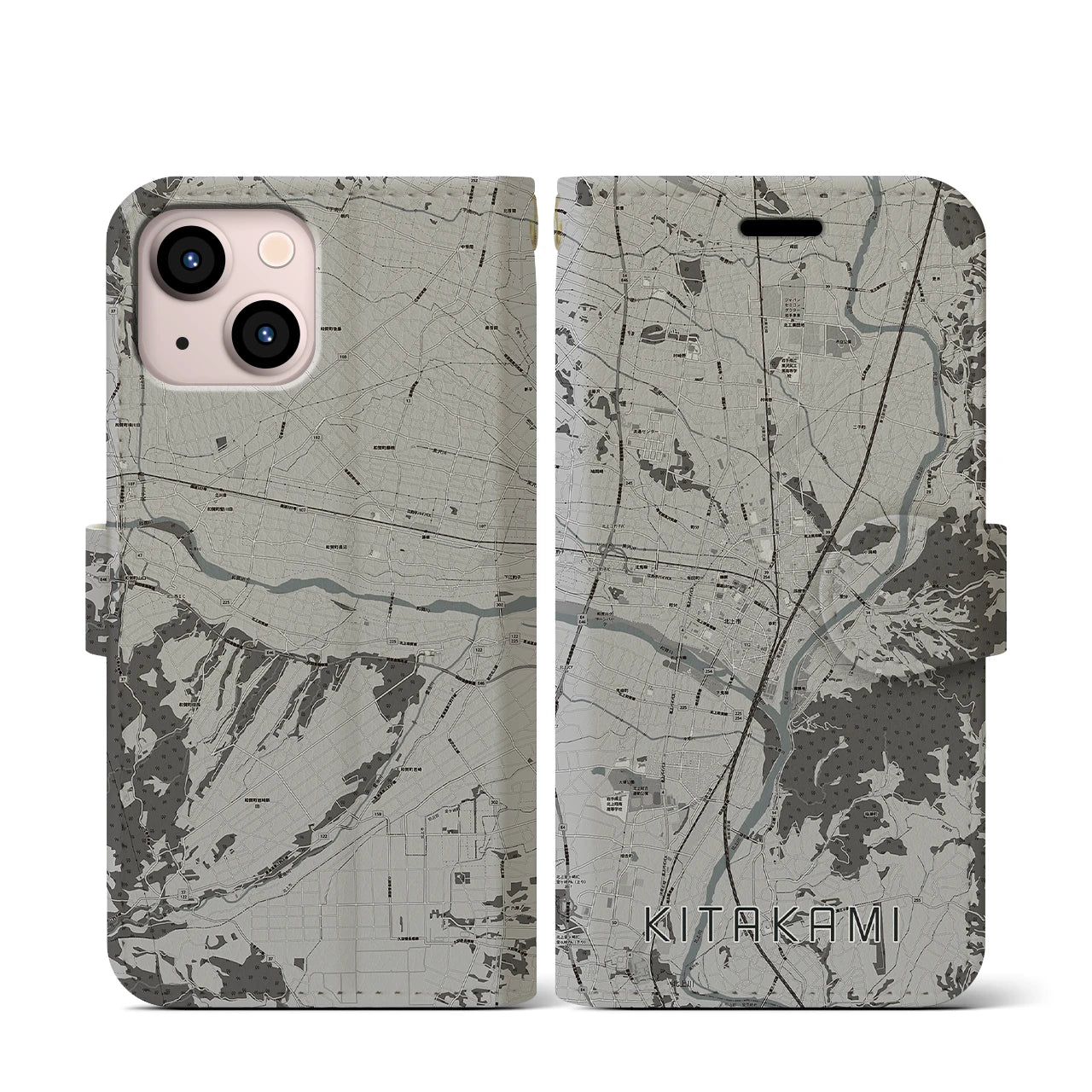 【北上(岩手県)】地図柄iPhoneケース(手帳タイプ)モノトーン・iPhone 13 mini 用