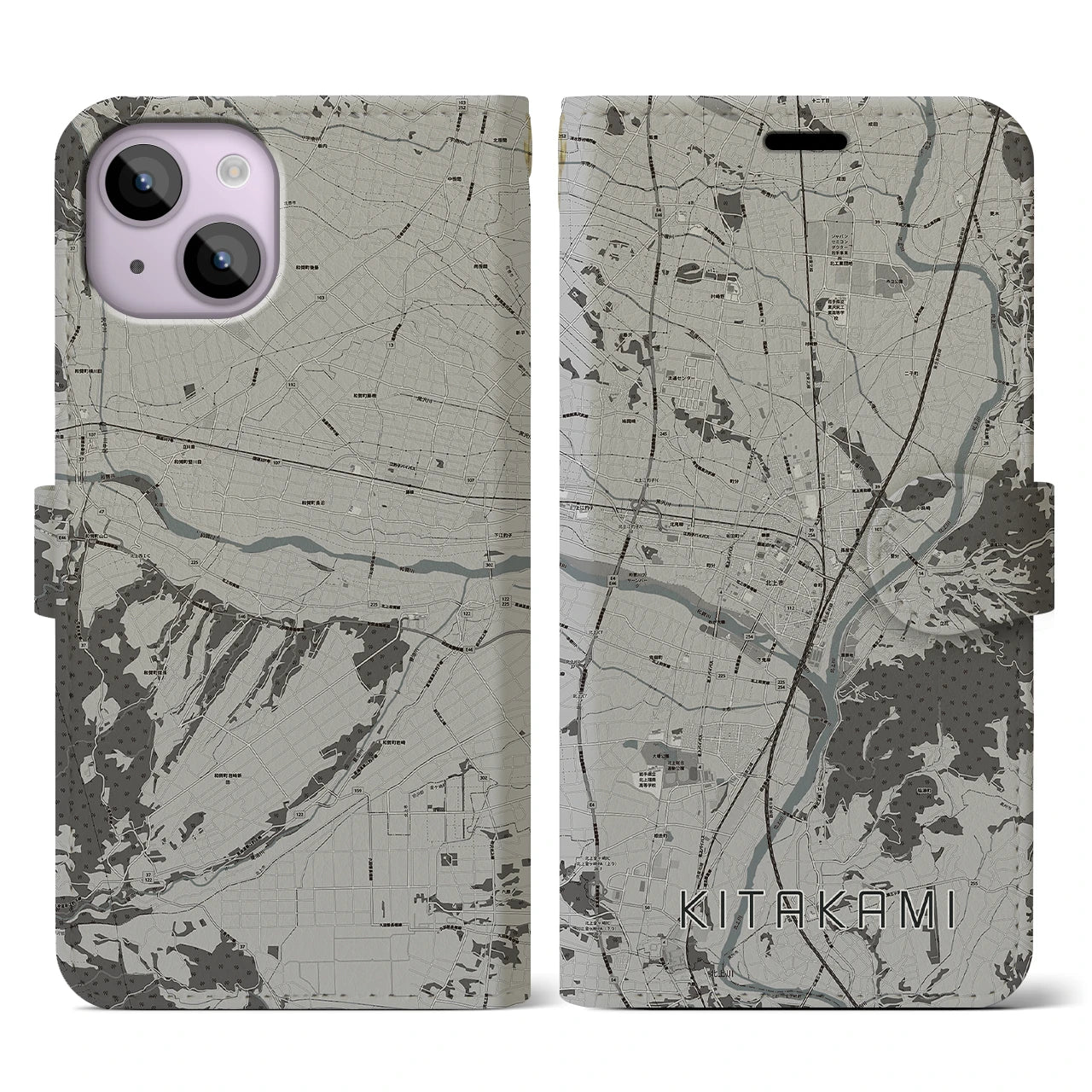 【北上(岩手県)】地図柄iPhoneケース(手帳タイプ)モノトーン・iPhone 14 用