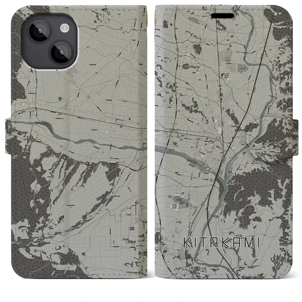 【北上(岩手県)】地図柄iPhoneケース(手帳タイプ)モノトーン・iPhone 14 Plus 用