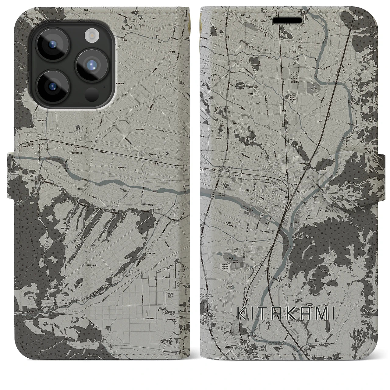 【北上(岩手県)】地図柄iPhoneケース(手帳タイプ)モノトーン・iPhone 15 Pro Max 用