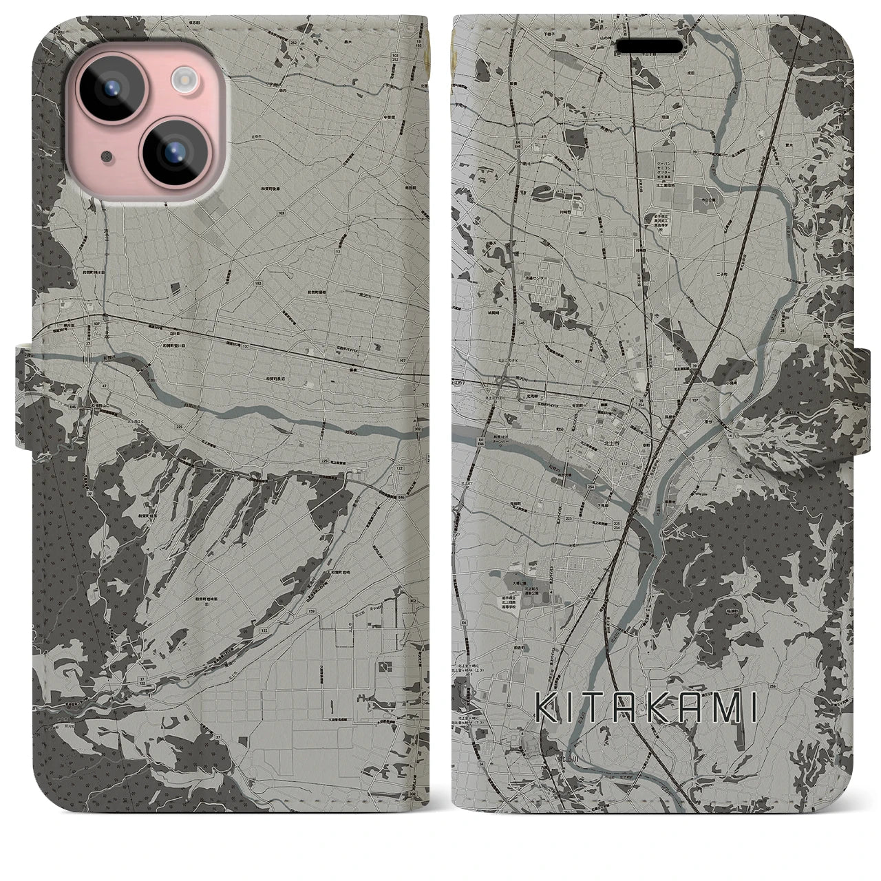 【北上(岩手県)】地図柄iPhoneケース(手帳タイプ)モノトーン・iPhone 15 Plus 用