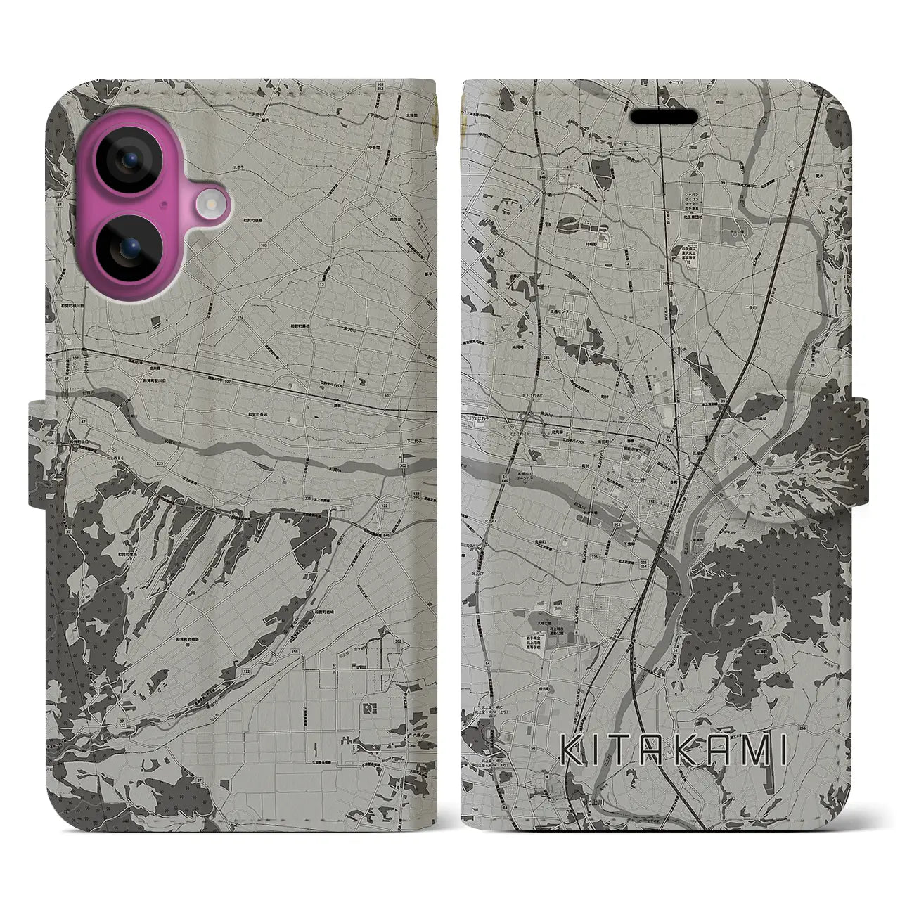 【北上(岩手県)】地図柄iPhoneケース(手帳タイプ)モノトーン・iPhone 16 Pro 用