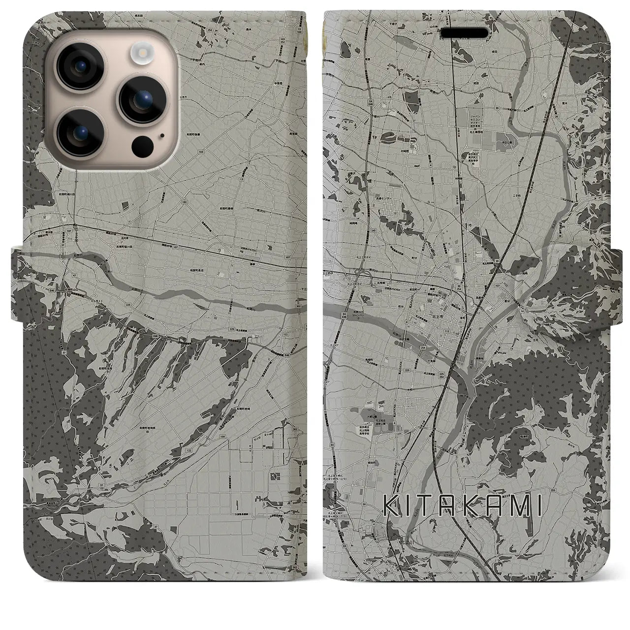 【北上(岩手県)】地図柄iPhoneケース(手帳タイプ)モノトーン・iPhone 16 Plus 用
