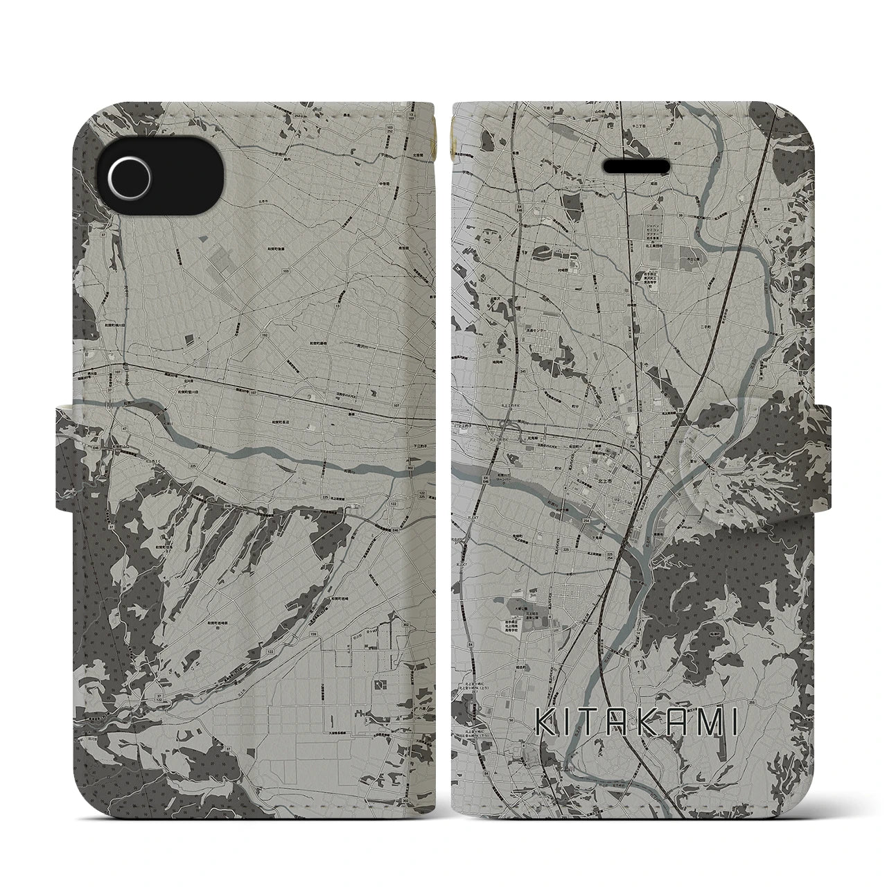 【北上(岩手県)】地図柄iPhoneケース(手帳タイプ)モノトーン・iPhone SE(第3 / 第2世代) / 8 / 7 / 6s / 6 用