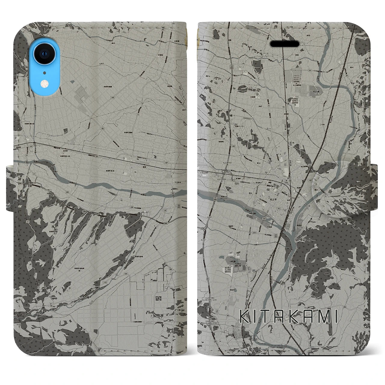 【北上(岩手県)】地図柄iPhoneケース(手帳タイプ)モノトーン・iPhone XR 用