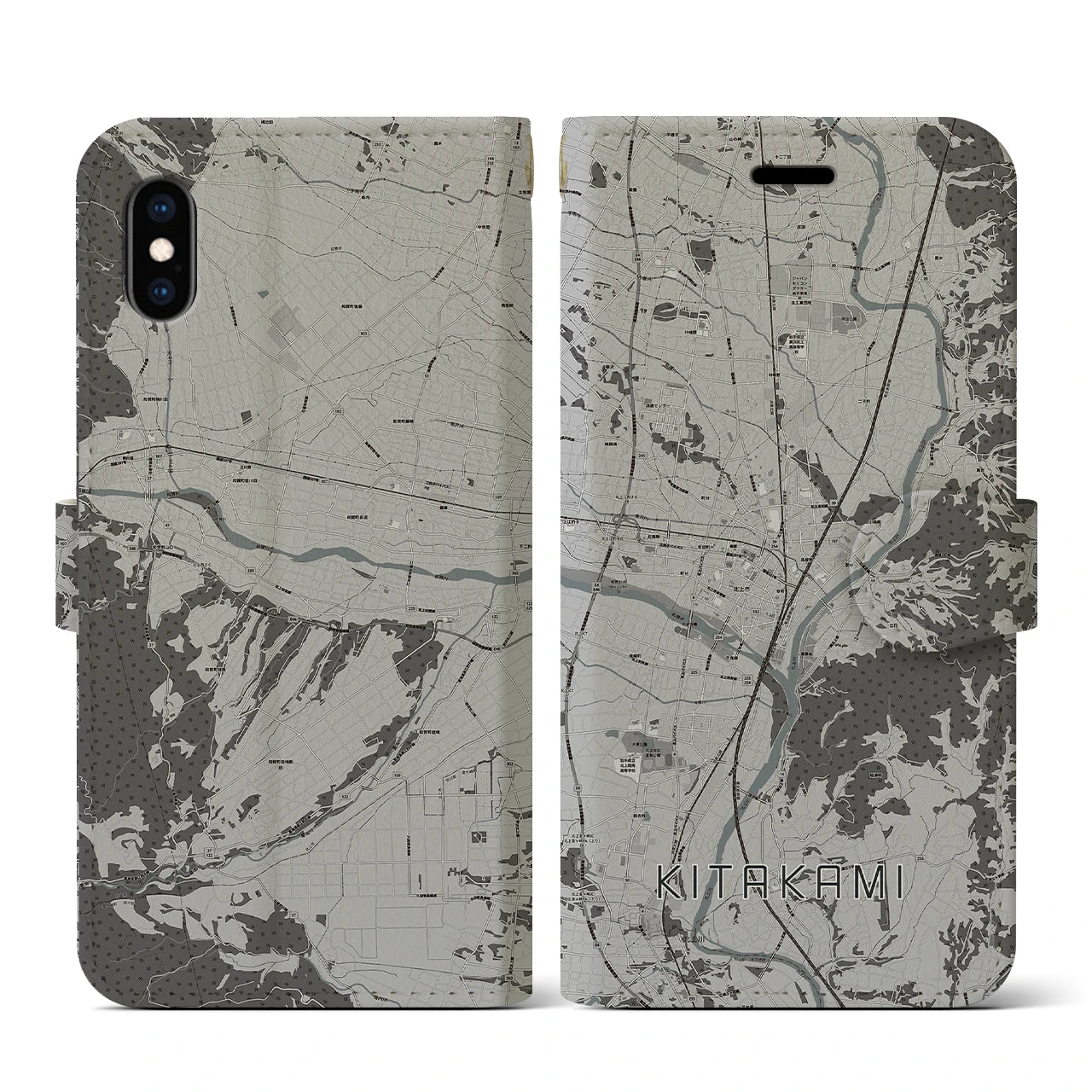 【北上(岩手県)】地図柄iPhoneケース(手帳タイプ)モノトーン・iPhone XS / X 用