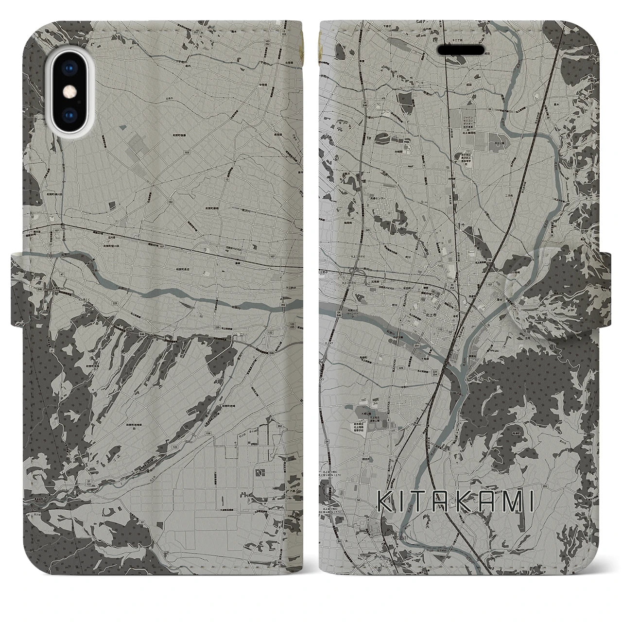 【北上(岩手県)】地図柄iPhoneケース(手帳タイプ)モノトーン・iPhone XS Max 用
