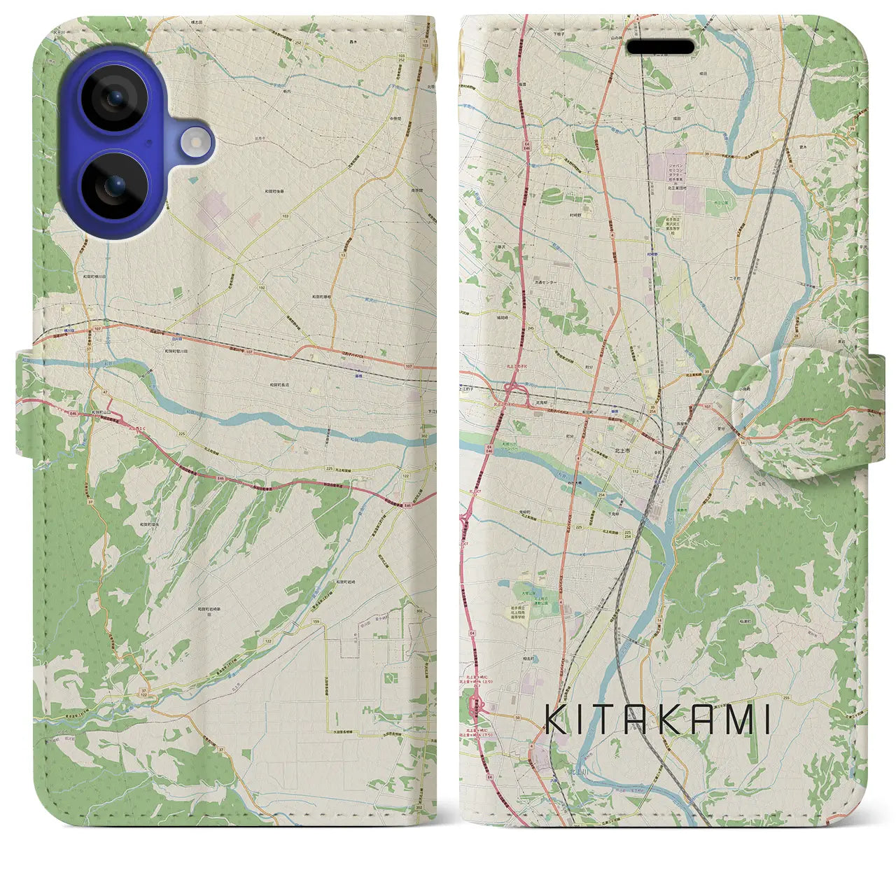 【北上(岩手県)】地図柄iPhoneケース(手帳タイプ)ナチュラル・iPhone 16 Pro Max 用
