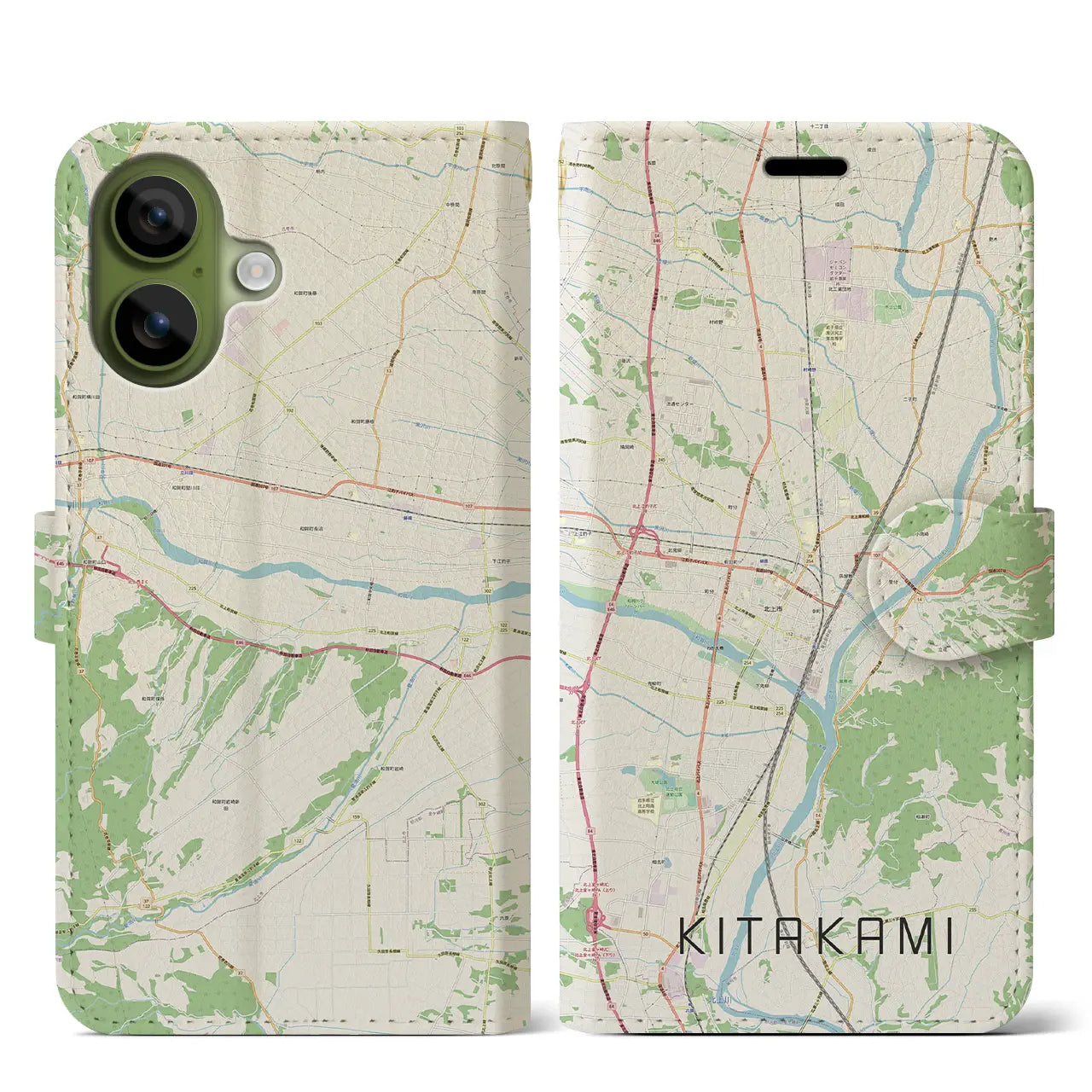 【北上(岩手県)】地図柄iPhoneケース(手帳タイプ)モノトーン・iPhone 17 Pro Max 用