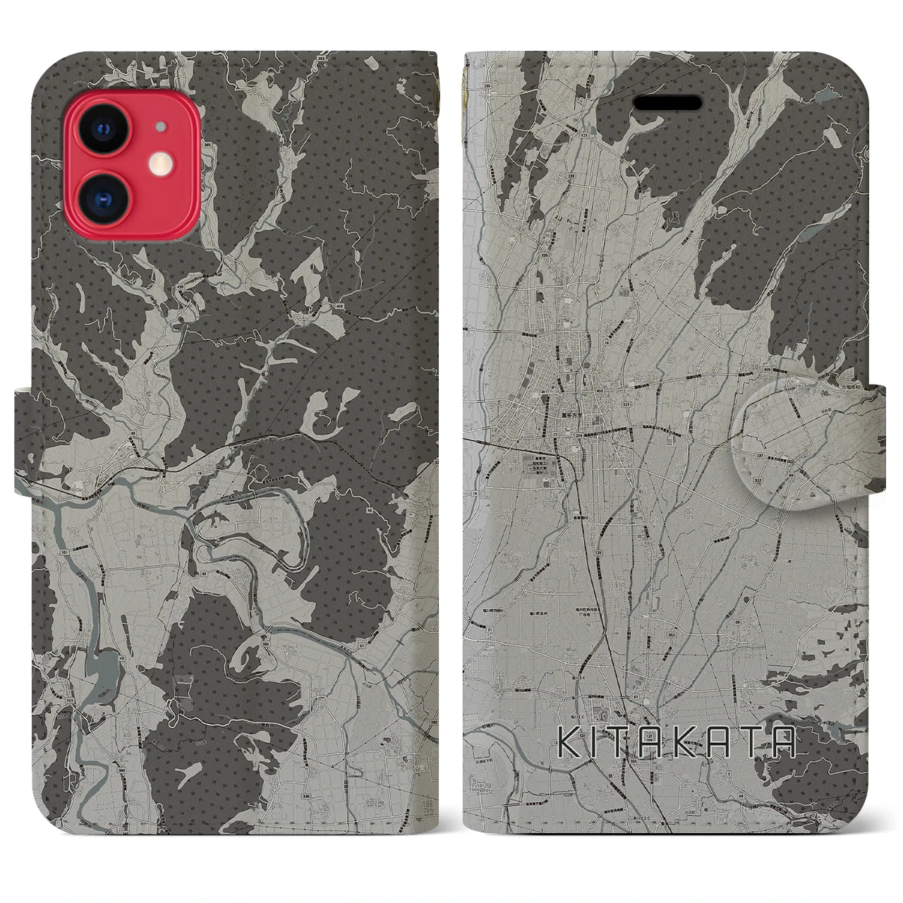 【喜多方(福島県)】地図柄iPhoneケース(手帳タイプ)モノトーン・iPhone 11 用