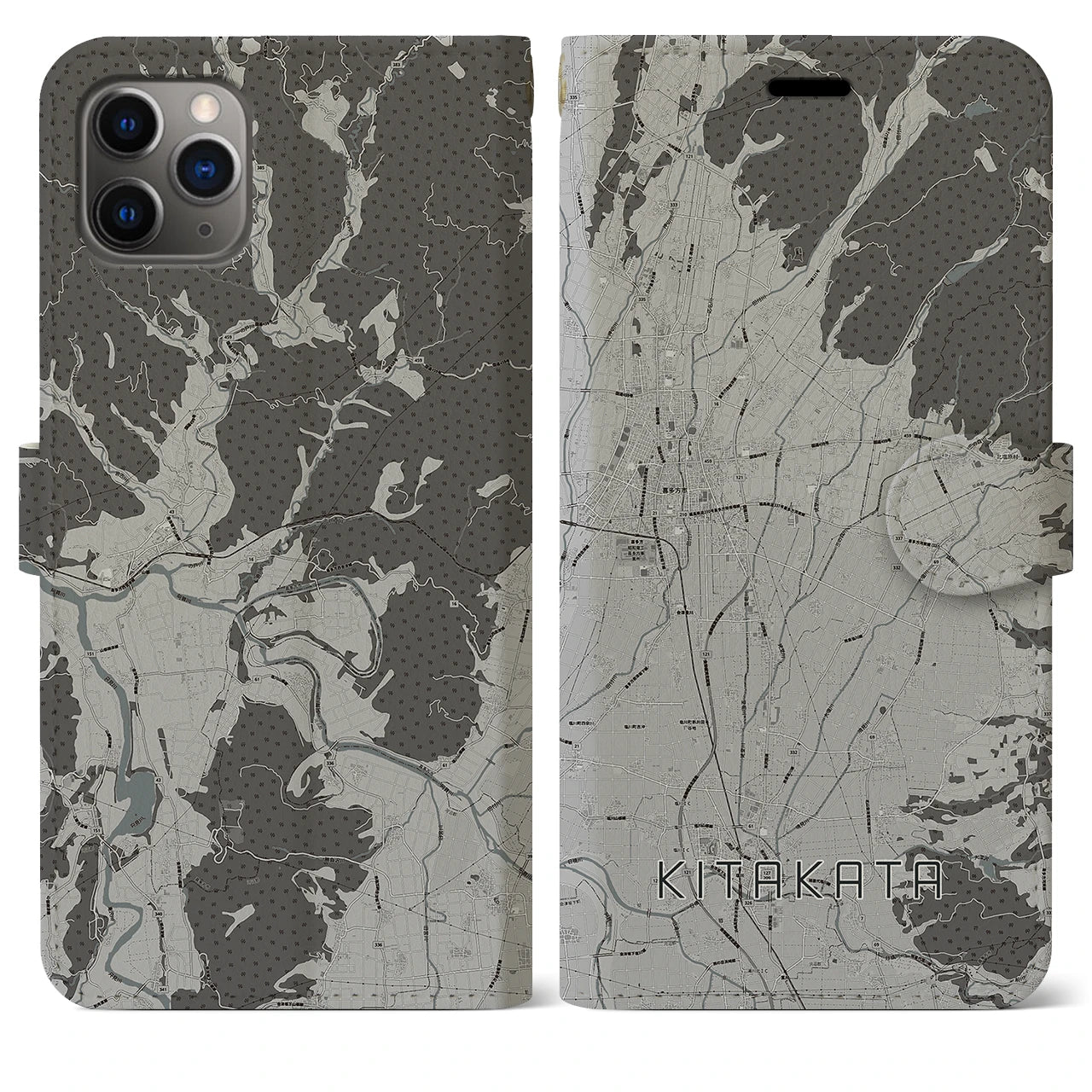 【喜多方(福島県)】地図柄iPhoneケース(手帳タイプ)モノトーン・iPhone 11 Pro Max 用