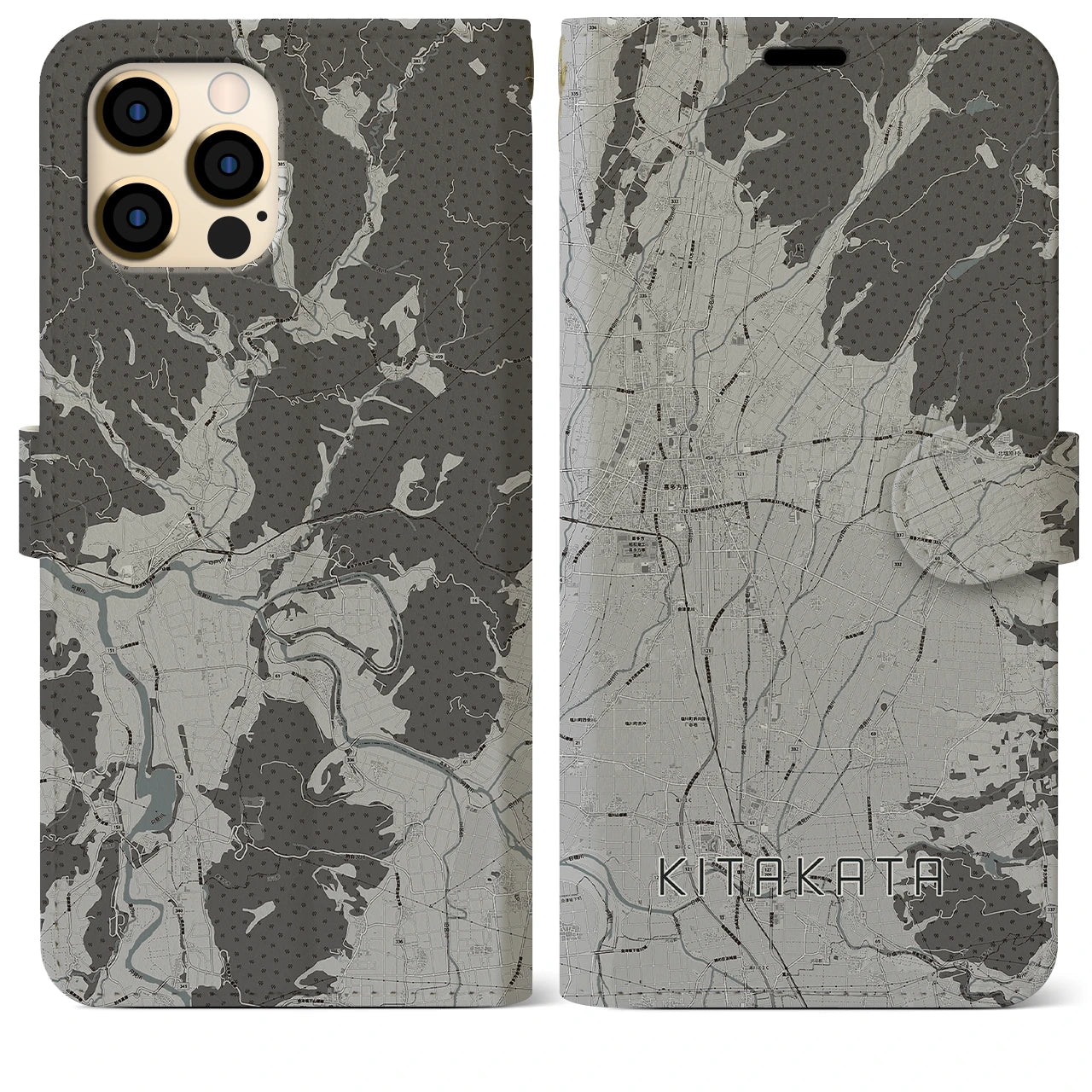 【喜多方(福島県)】地図柄iPhoneケース(手帳タイプ)モノトーン・iPhone 12 Pro Max 用