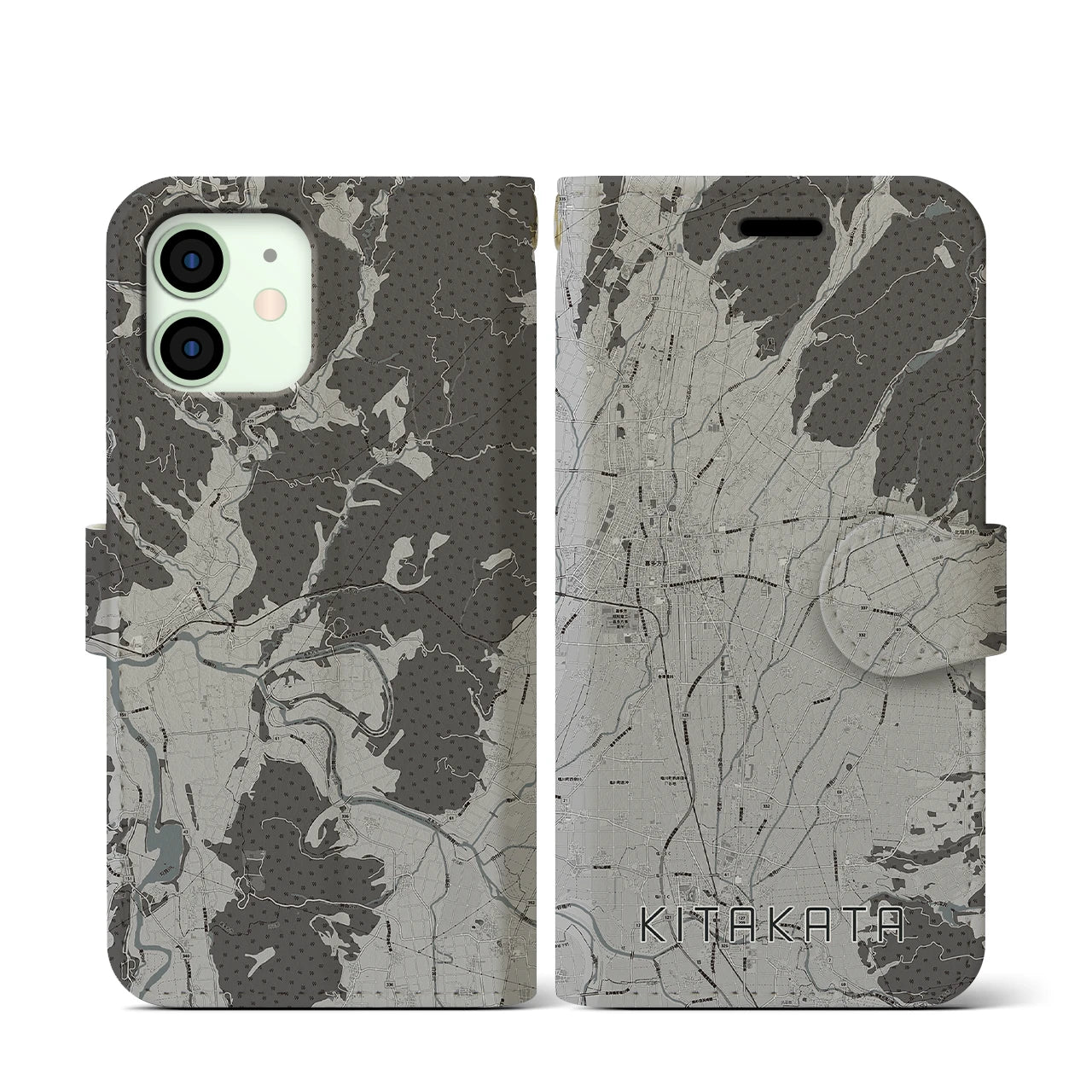 【喜多方(福島県)】地図柄iPhoneケース(手帳タイプ)モノトーン・iPhone 12 mini 用