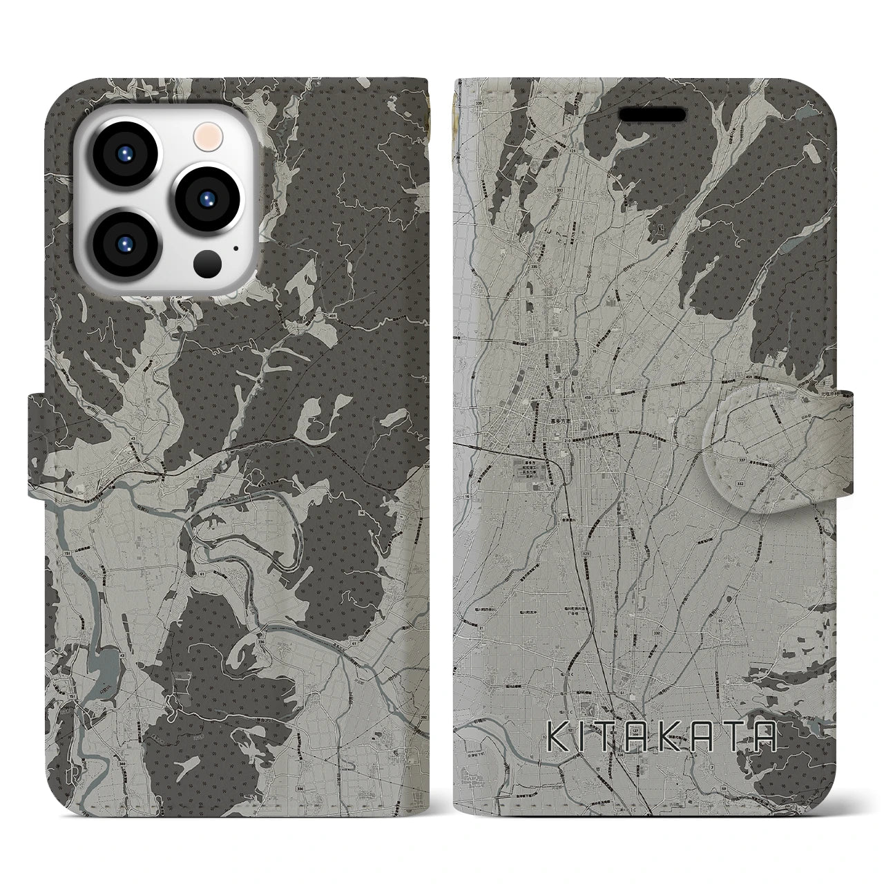 【喜多方(福島県)】地図柄iPhoneケース(手帳タイプ)モノトーン・iPhone 13 Pro 用