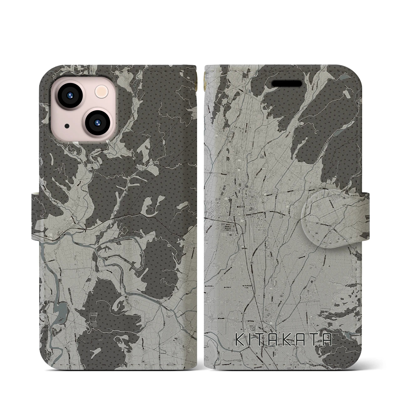【喜多方(福島県)】地図柄iPhoneケース(手帳タイプ)モノトーン・iPhone 13 mini 用