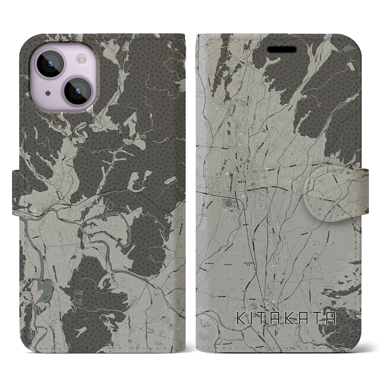【喜多方(福島県)】地図柄iPhoneケース(手帳タイプ)モノトーン・iPhone 14 用