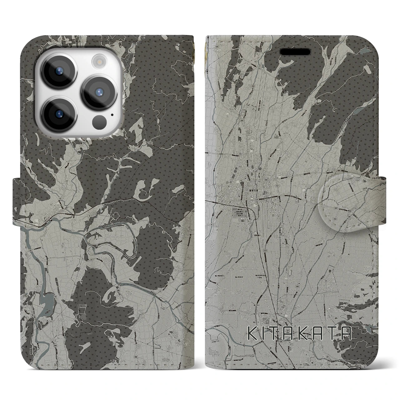 【喜多方(福島県)】地図柄iPhoneケース(手帳タイプ)モノトーン・iPhone 14 Pro 用