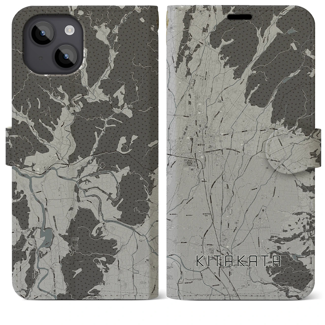 【喜多方(福島県)】地図柄iPhoneケース(手帳タイプ)モノトーン・iPhone 14 Plus 用