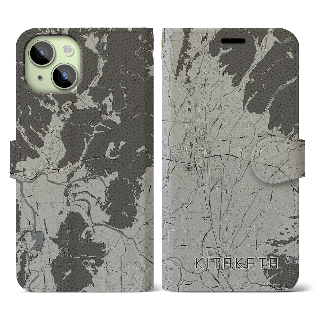 【喜多方(福島県)】地図柄iPhoneケース(手帳タイプ)モノトーン・iPhone 15 用
