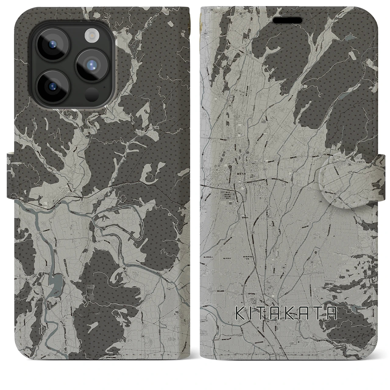 【喜多方(福島県)】地図柄iPhoneケース(手帳タイプ)モノトーン・iPhone 15 Pro Max 用