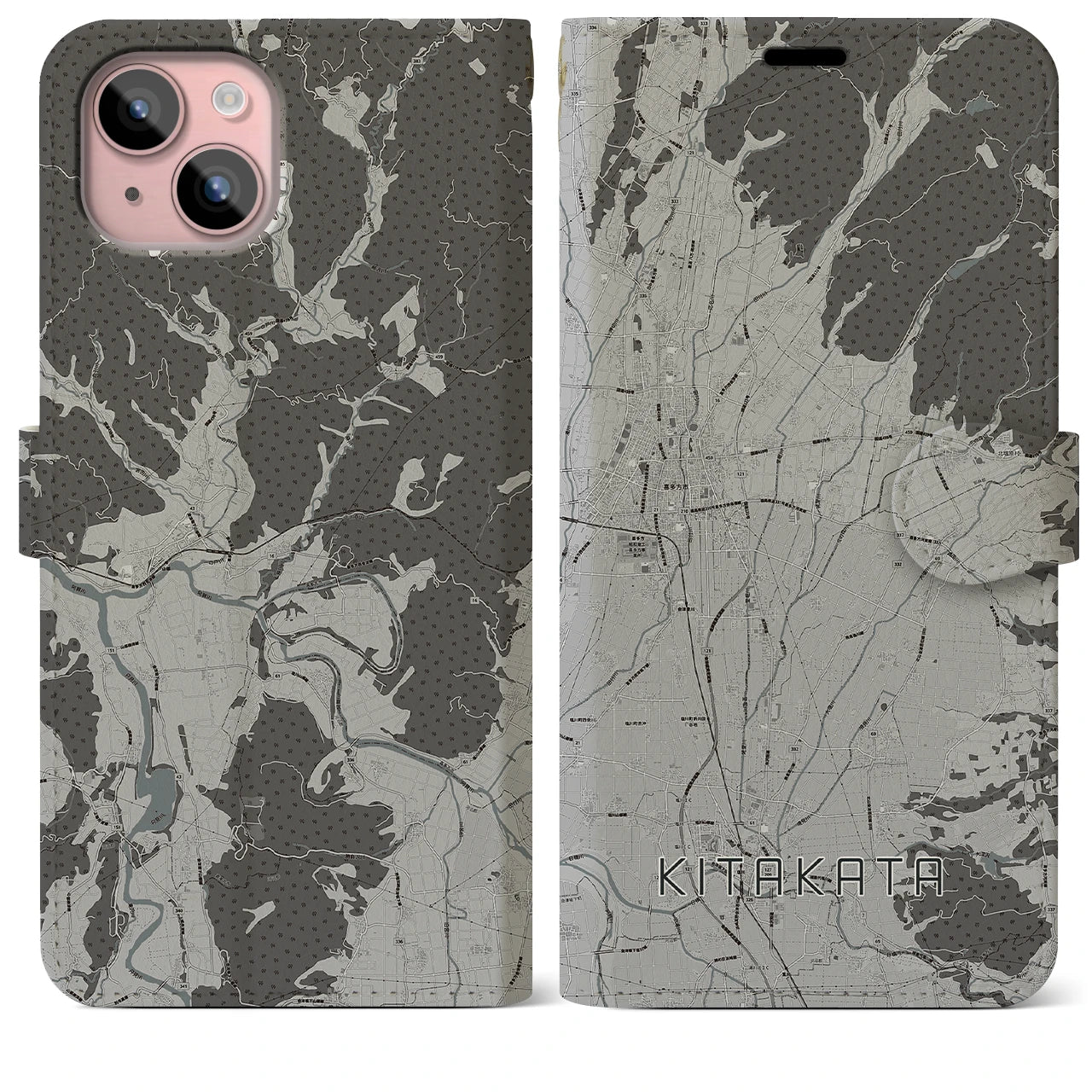 【喜多方(福島県)】地図柄iPhoneケース(手帳タイプ)モノトーン・iPhone 15 Plus 用