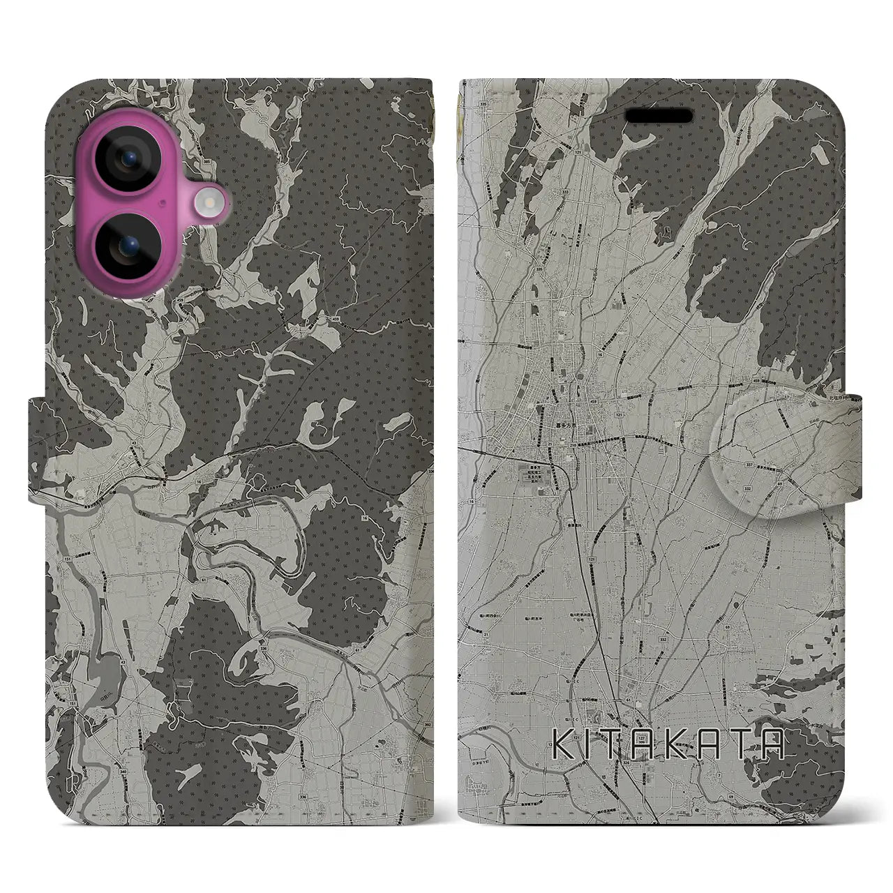 【喜多方(福島県)】地図柄iPhoneケース(手帳タイプ)モノトーン・iPhone 16 Pro 用